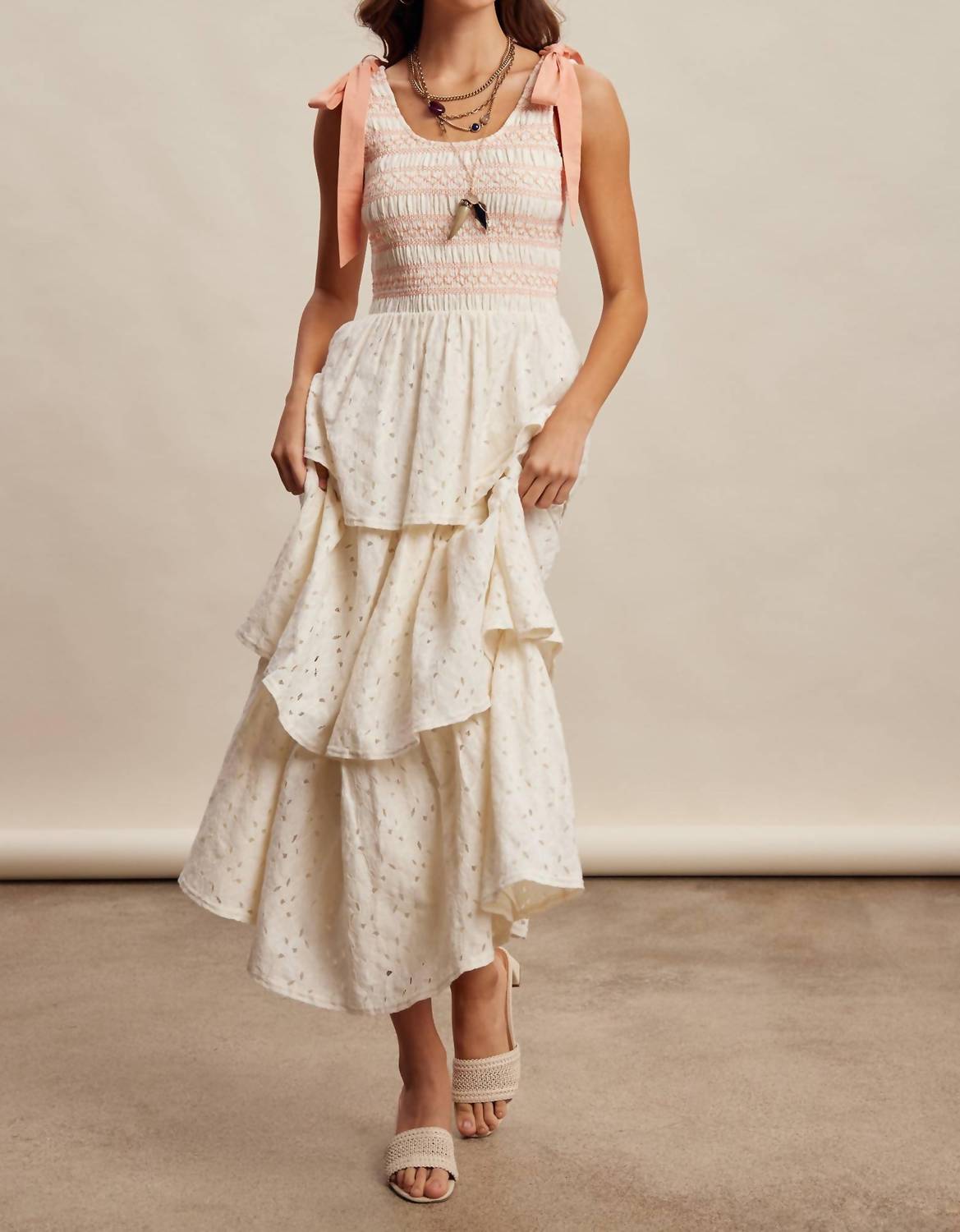 Listicle - Smocked Tie Shoulder Lace Maxi Dress