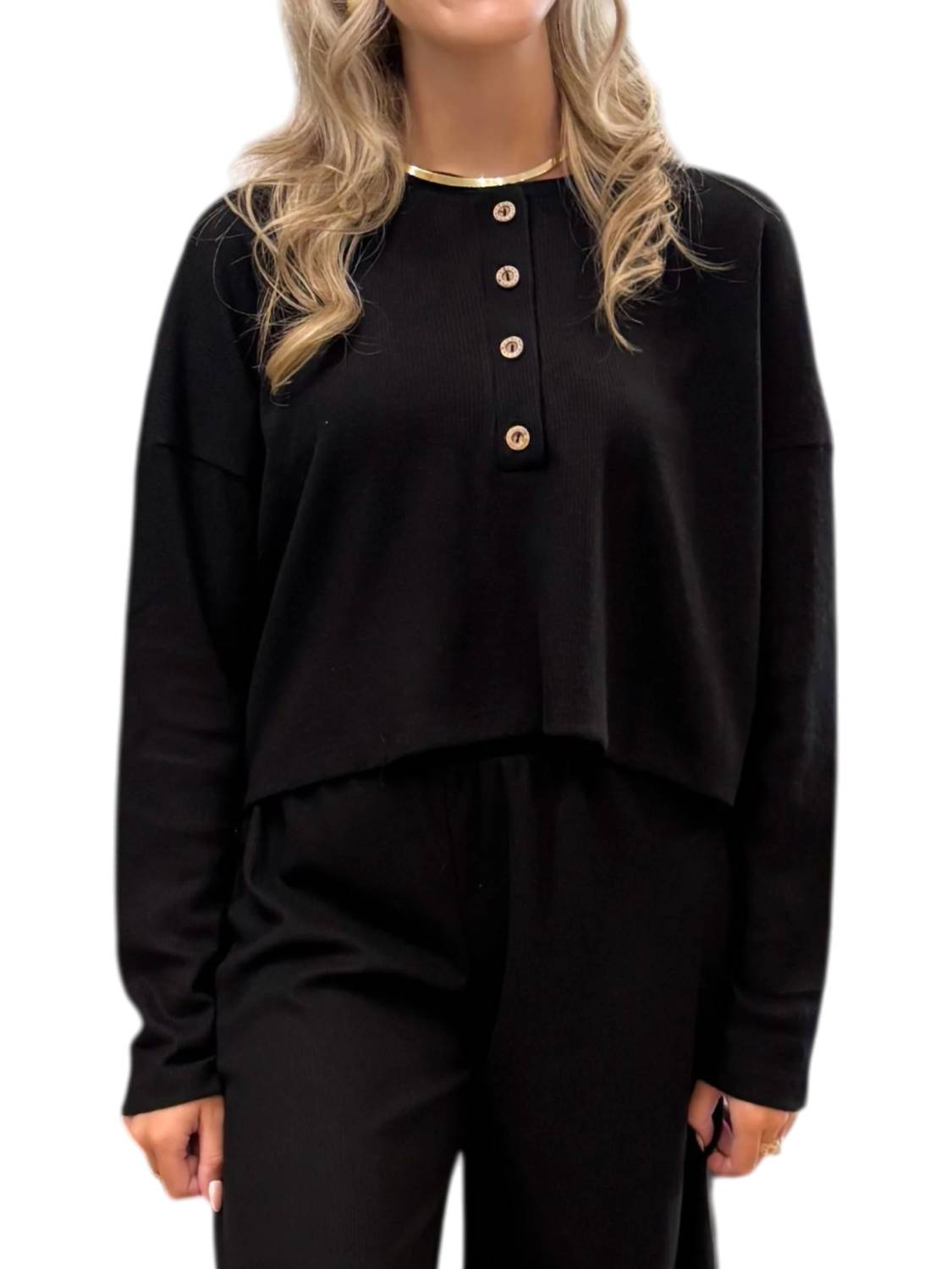 Ces Femme Ava Long Sleeve Top And Pants Set in black - women's sleepwear - detail view