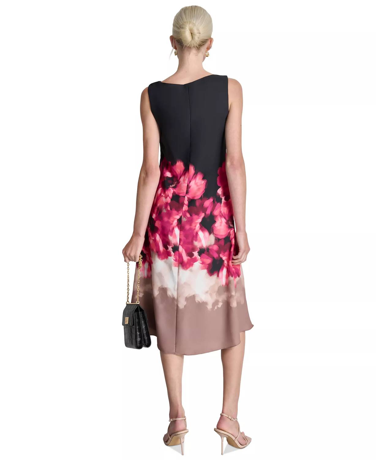 DKNY Women's Floral Asymmetric Cowlneck Midi Dress in black pink - women's dress - detail view