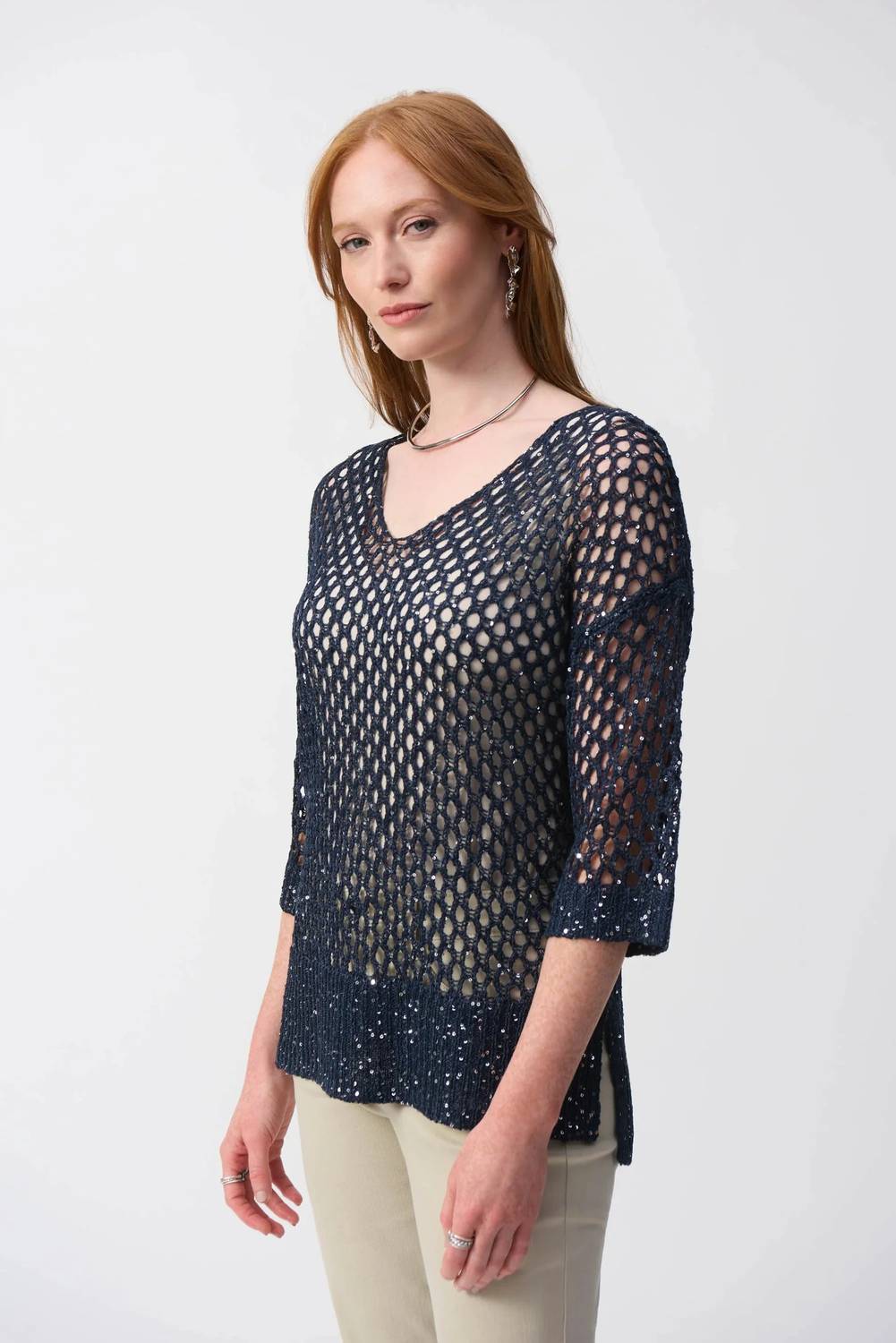 Joseph Ribkoff - Sequined V-neck Crochet Top
