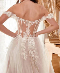 Cinderella Divine - Nova Off Shoulder Bustier Floral Applique Tulle Wedding Dress