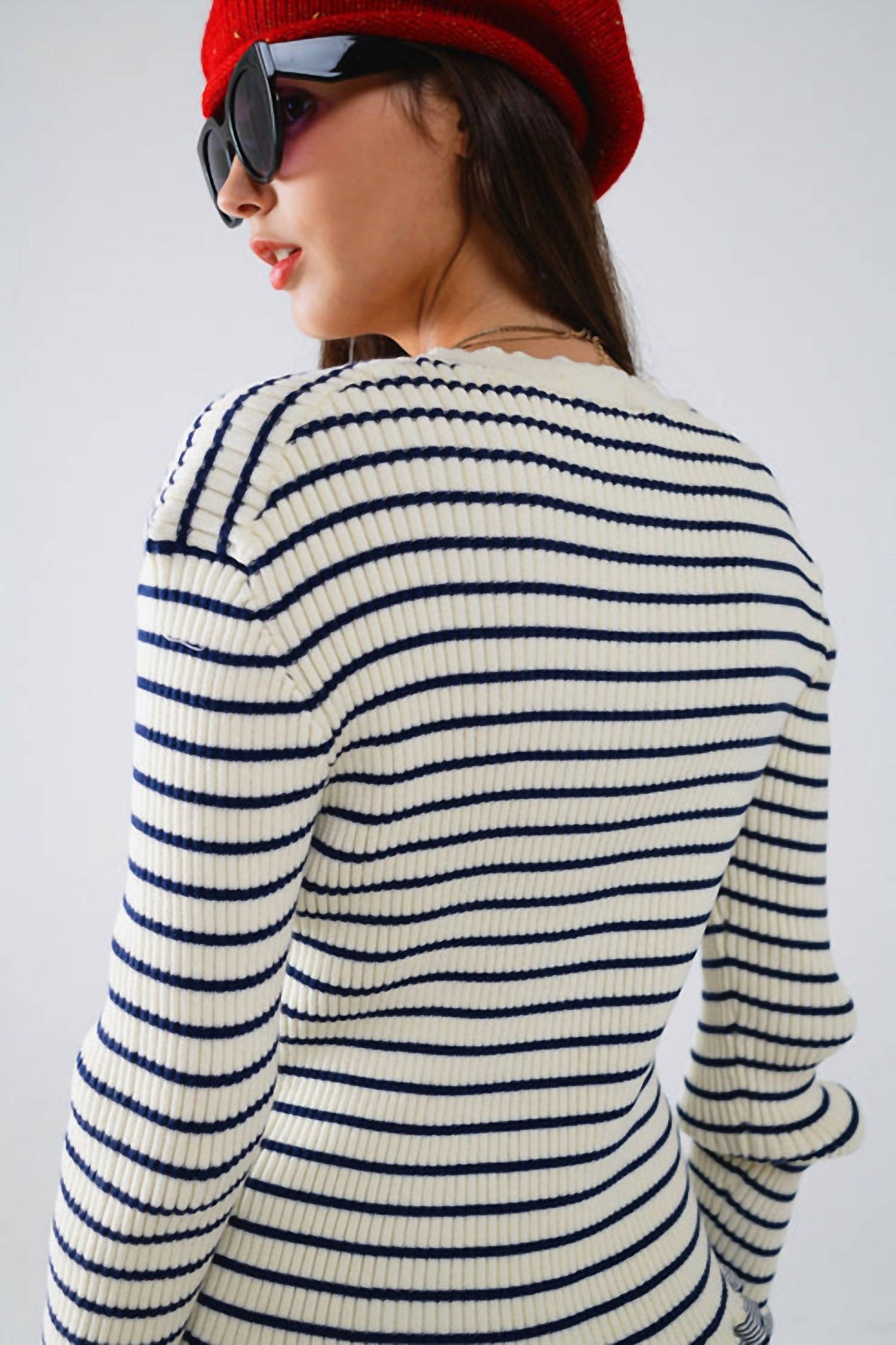 Q2 - Striped Cardigan in Cream with Ruffle Trim
