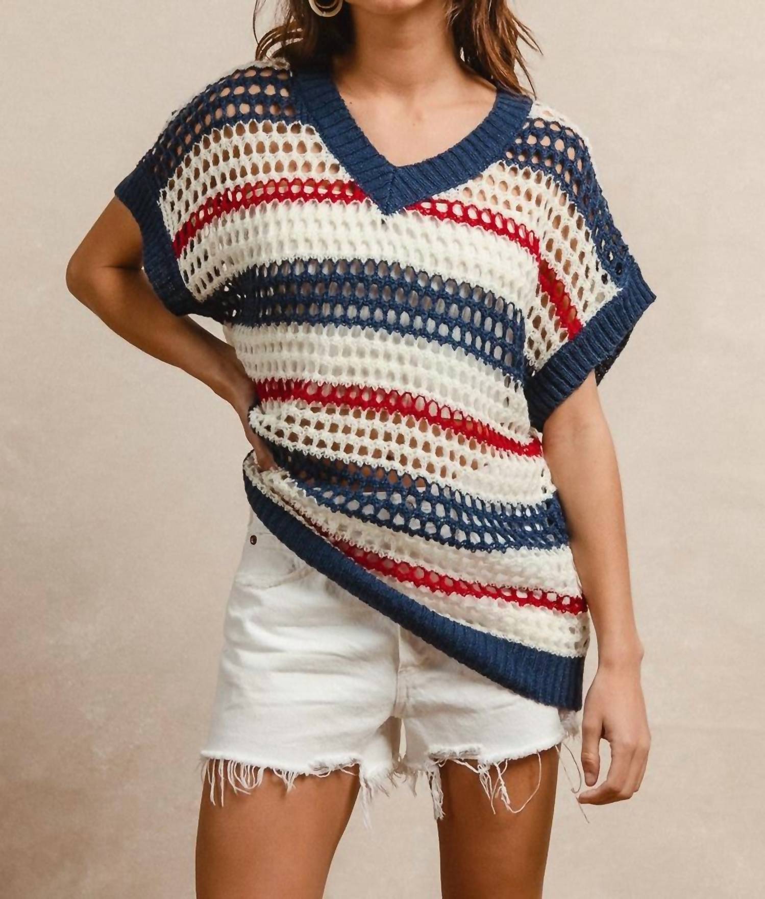 Bibi - Stripes Drop Shoulder Open Knit Top