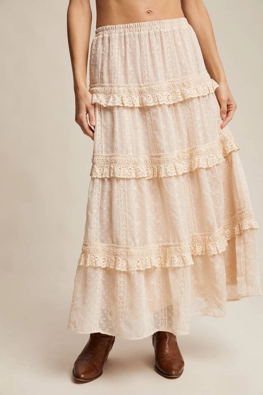 Listicle - Embroidered Lace Tiered Maxi Skirt