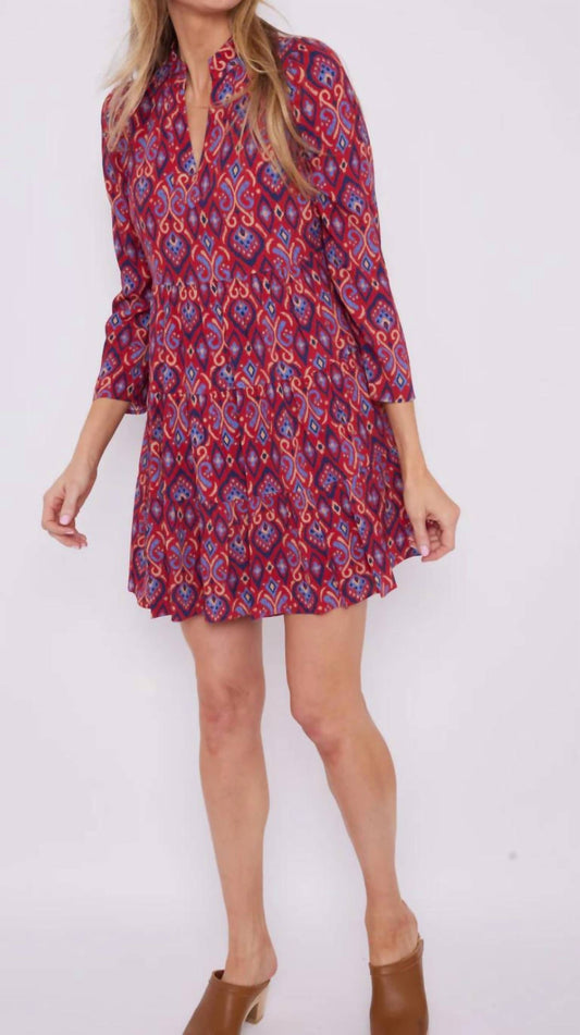 Sail To Sable - Crimson Ikat Long Sleeve Tunic Flare Dress