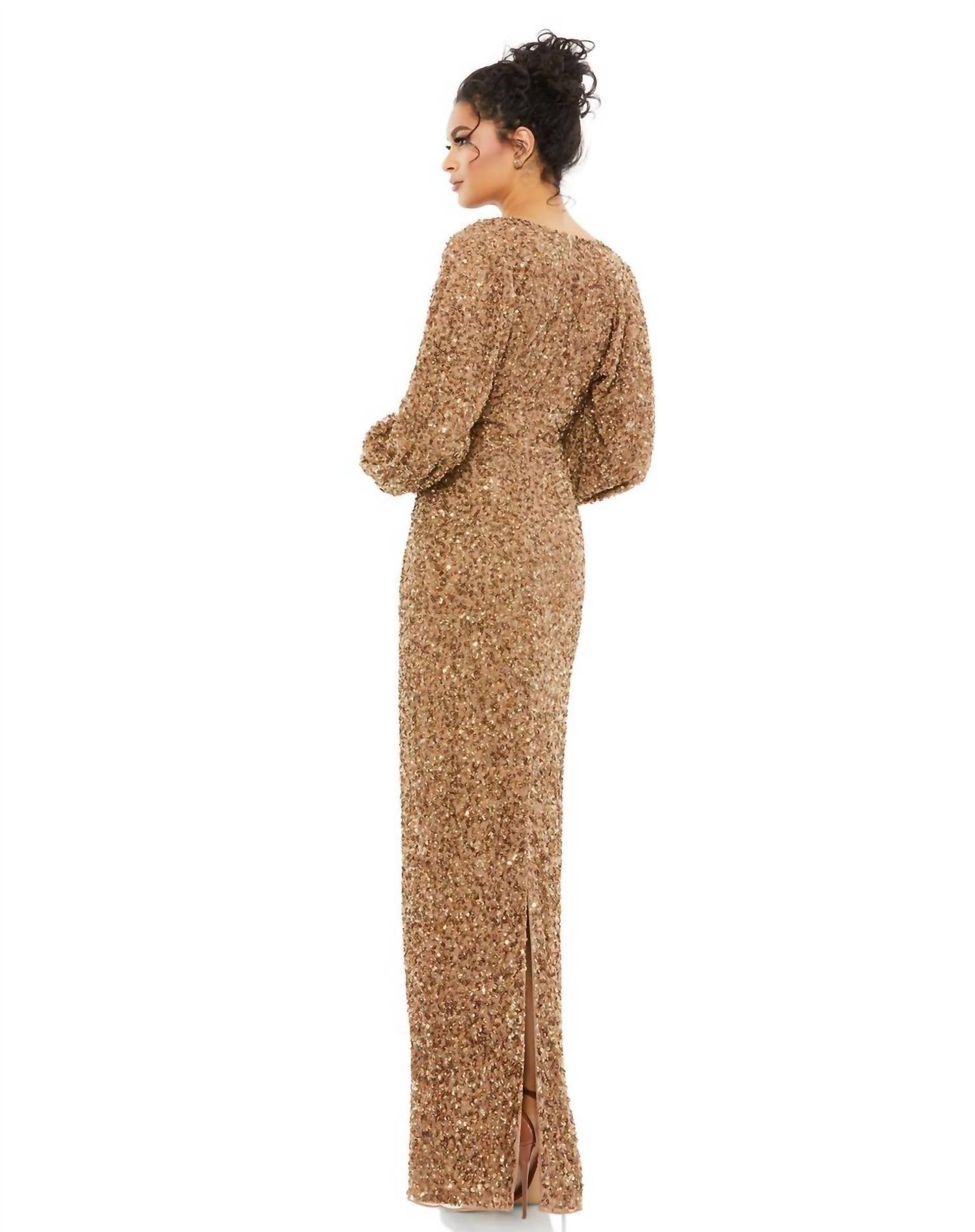Mac Duggal - Sequin V Neck Long Sleeve Evening Gown
