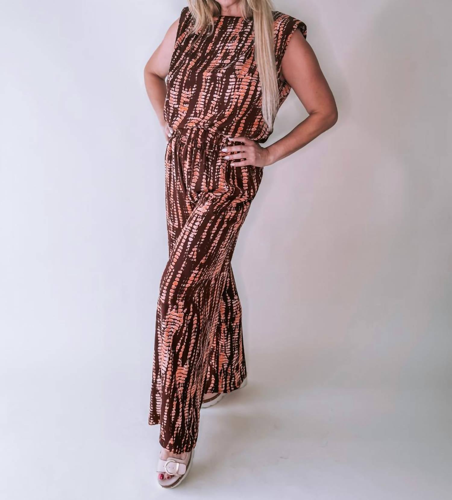 GLAM Printed Set with Sleeveless Top and Wide Leg Elastic Waist in plum - women's pants