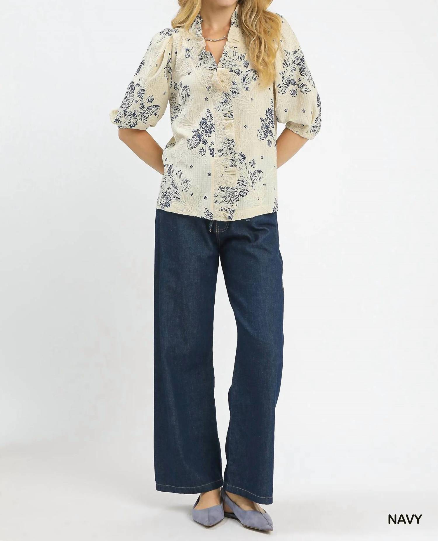 Umgee - Floral Embroidered Blouse With Ruffle Trim