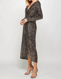 See And Be Seen - Long Sleeve Sequin Faux Wrap Dress