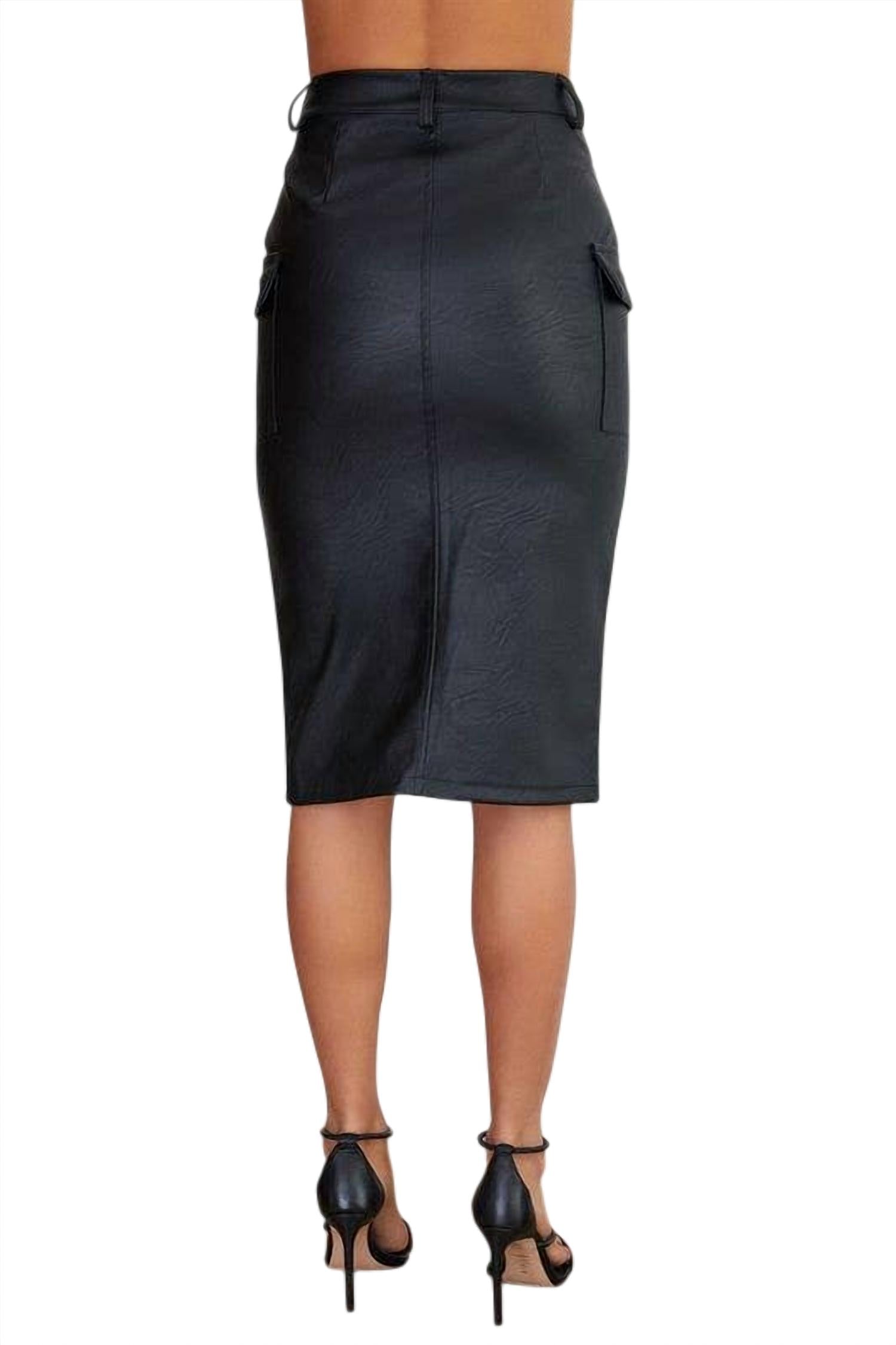 Venti6 - Romana Cargo Pocket Vegan Leather Midi Skirt