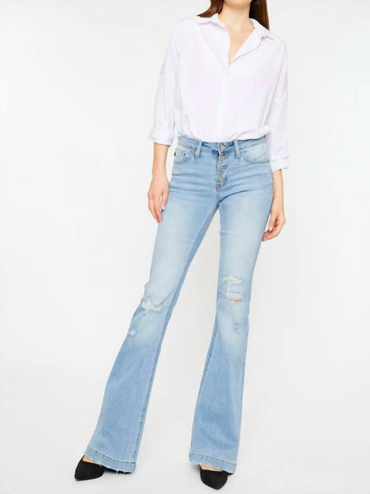 Kancan - Mid-Rise Button Up Distress Flare Jeans