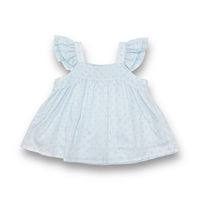 doe a dear Girl's Ruffle Sleeve Top in blue daisy - kids' blouse - detail view