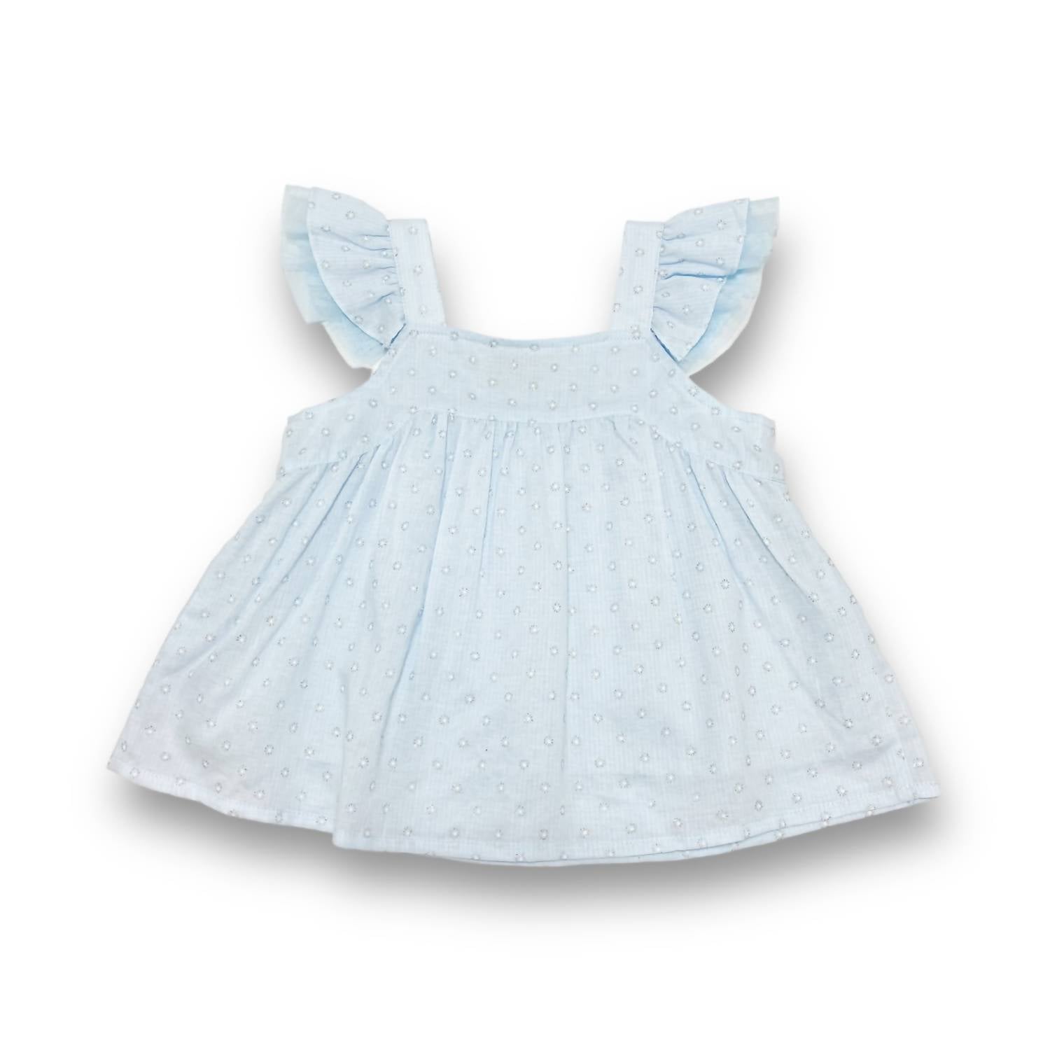 doe a dear Girl's Ruffle Sleeve Top in blue daisy - kids' blouse - detail view
