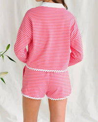 SAYLOR Nadine Travel Fit Set in pink rugby stipe - women's sleepwear - detail view
