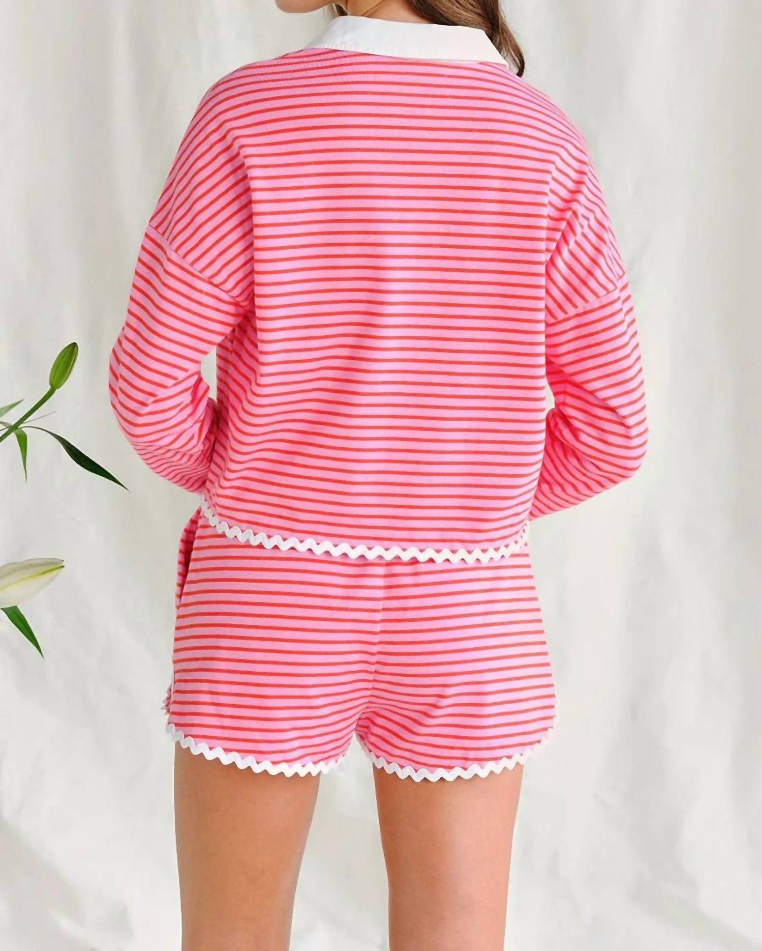 SAYLOR Nadine Travel Fit Set in pink rugby stipe - women's sleepwear - detail view