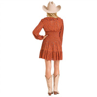 Rock & Roll Denim Smocked Bodice Mini Dress in rust - women's dress - detail view