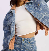 En Saison Opal Cropped Jacket in medium wash denim - women's jacket - detail view