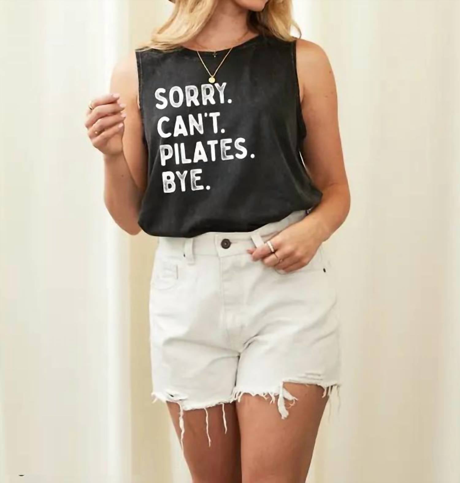 Oat Collective Sorry Can't Pilates Bye Mineral Graphic Tank Top in black - women's tank top