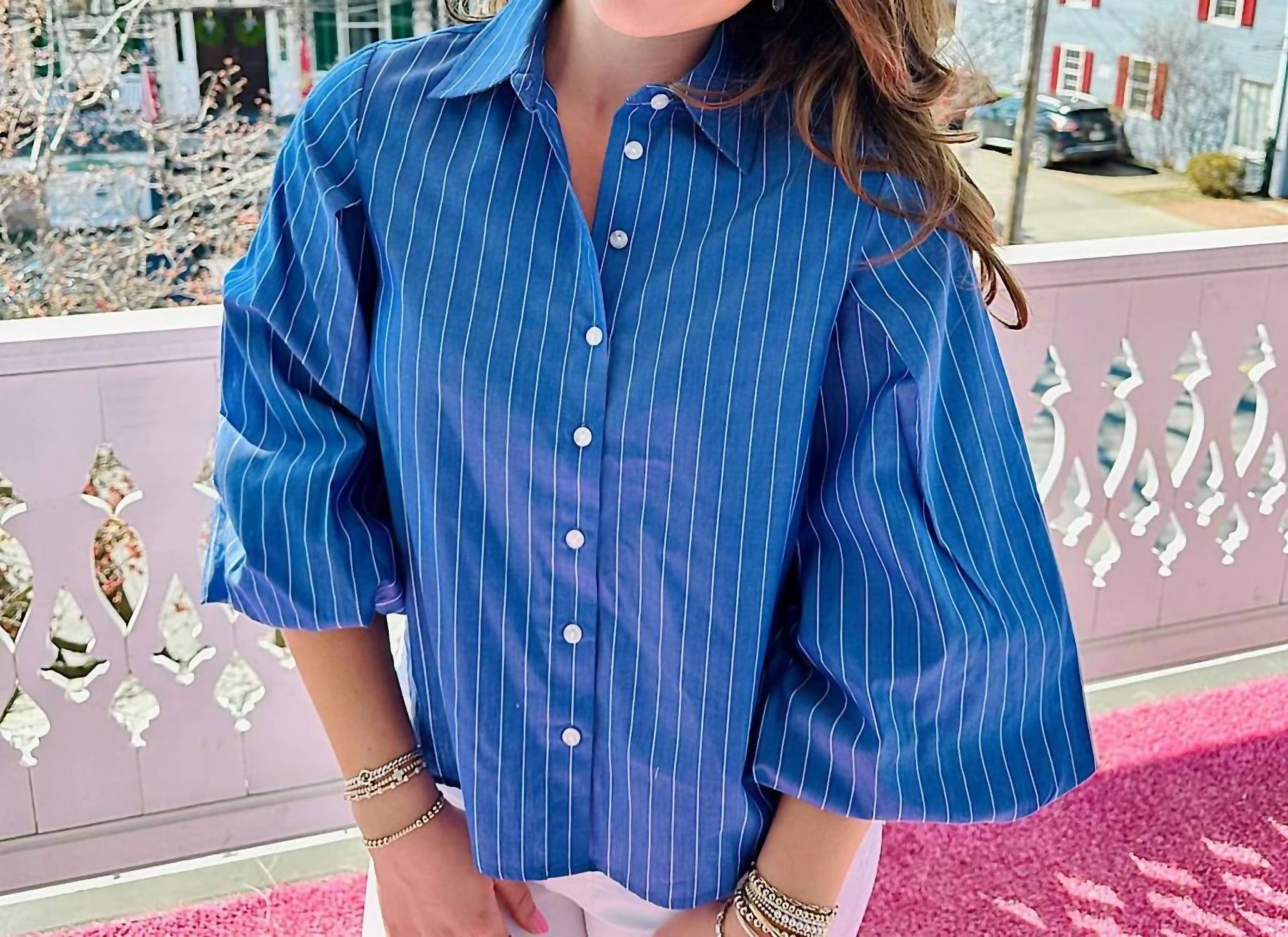 Apny - Striped Blouson Sleeve Button Down