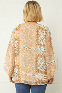 entro Mixed Print Bubble Sleeve Blouse - Plus in beige - women's blouse - detail view