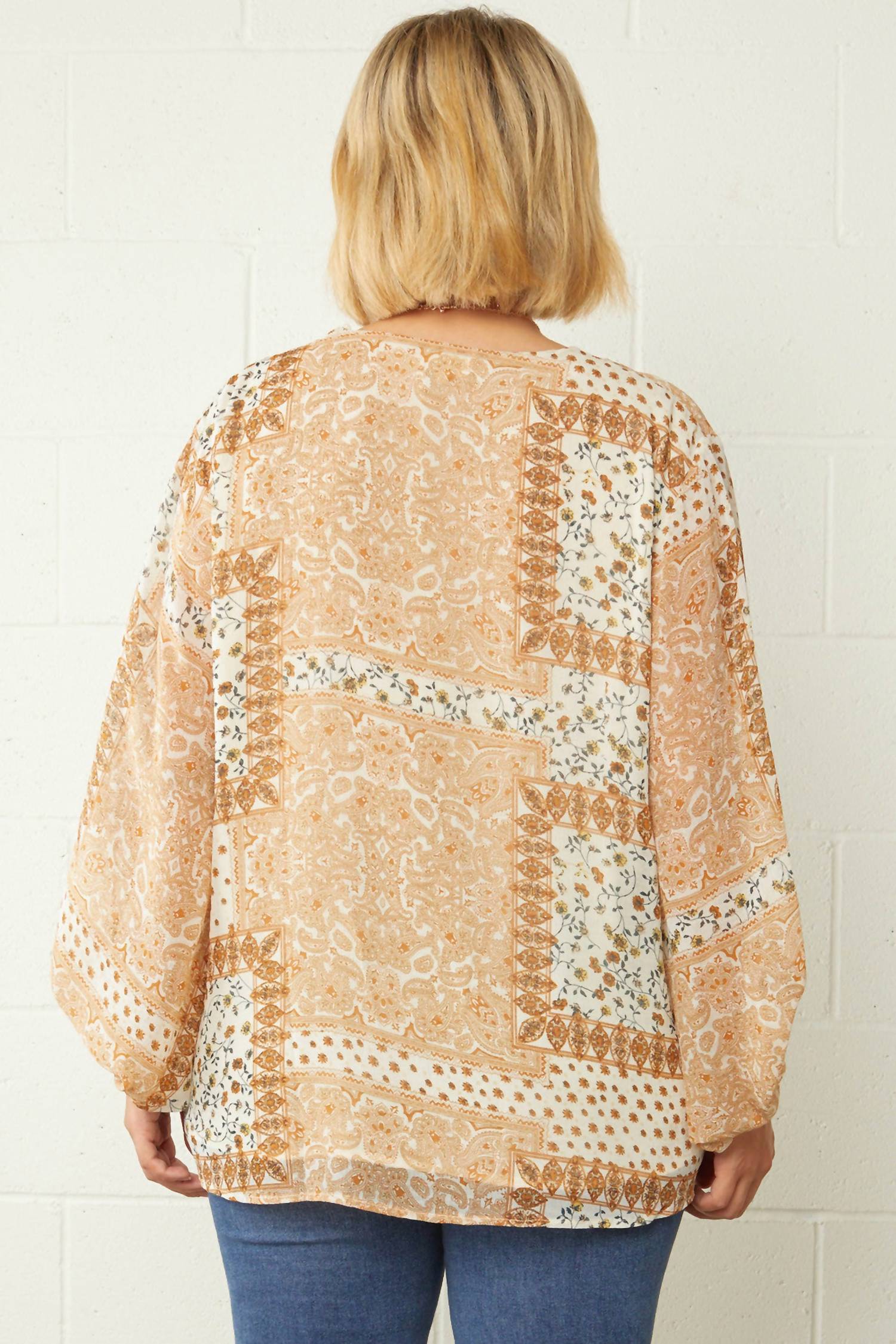 entro Mixed Print Bubble Sleeve Blouse - Plus in beige - women's blouse - detail view