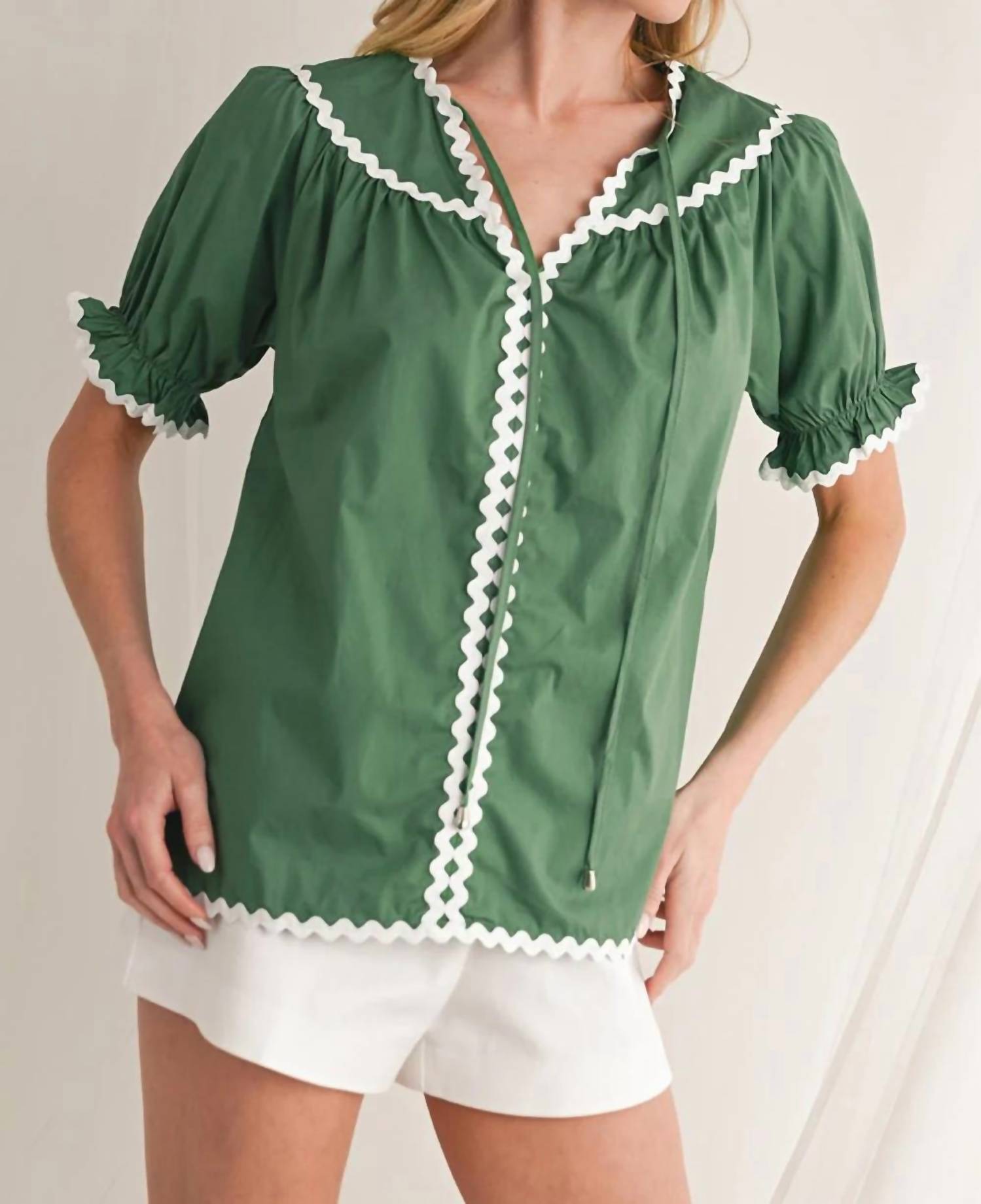 Little Daisy Closet - Ric Rac Trim Tie Split Neck Short Sleeve Blouse