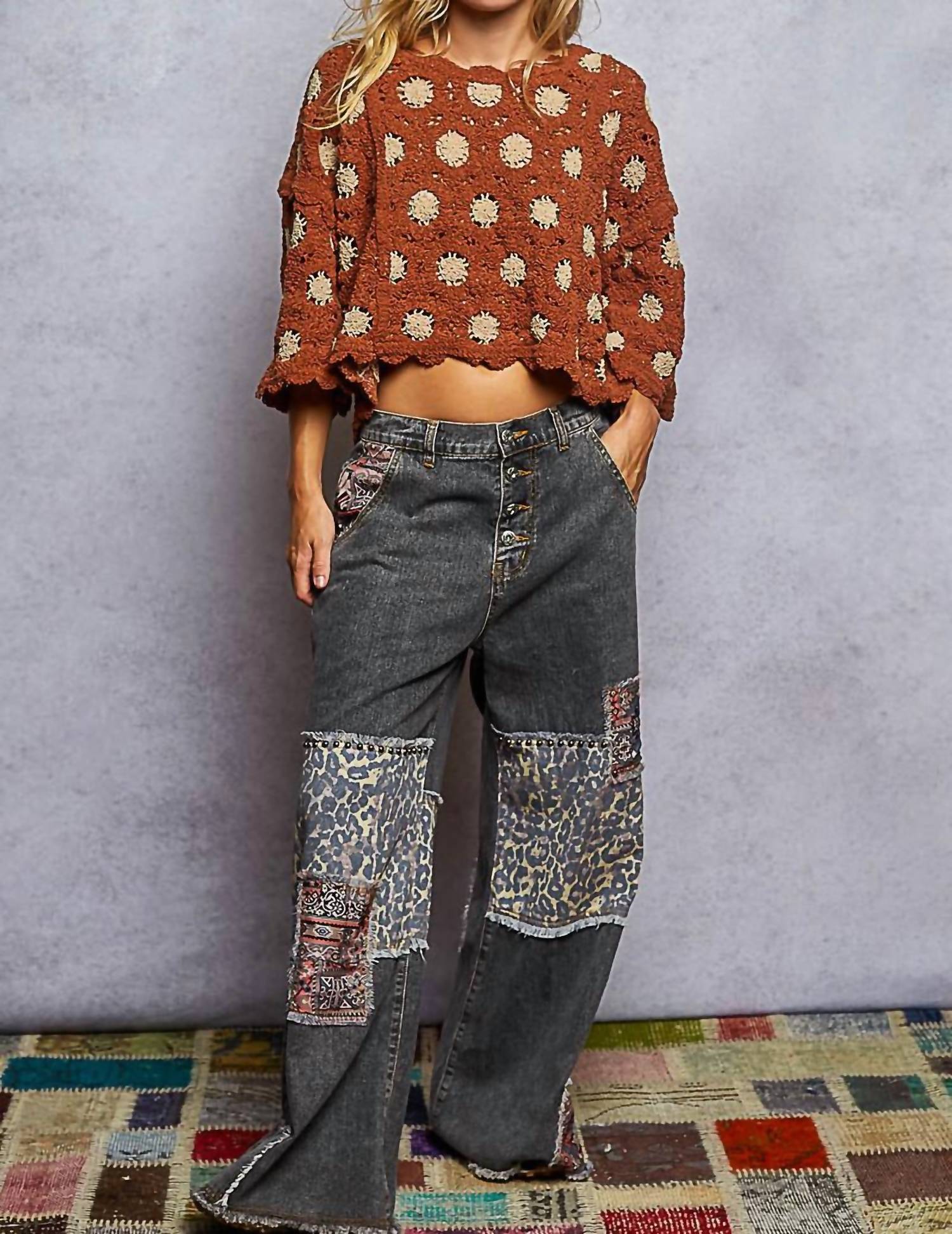 POL Floral Crochet Top in brown - women's blouse - alternate view