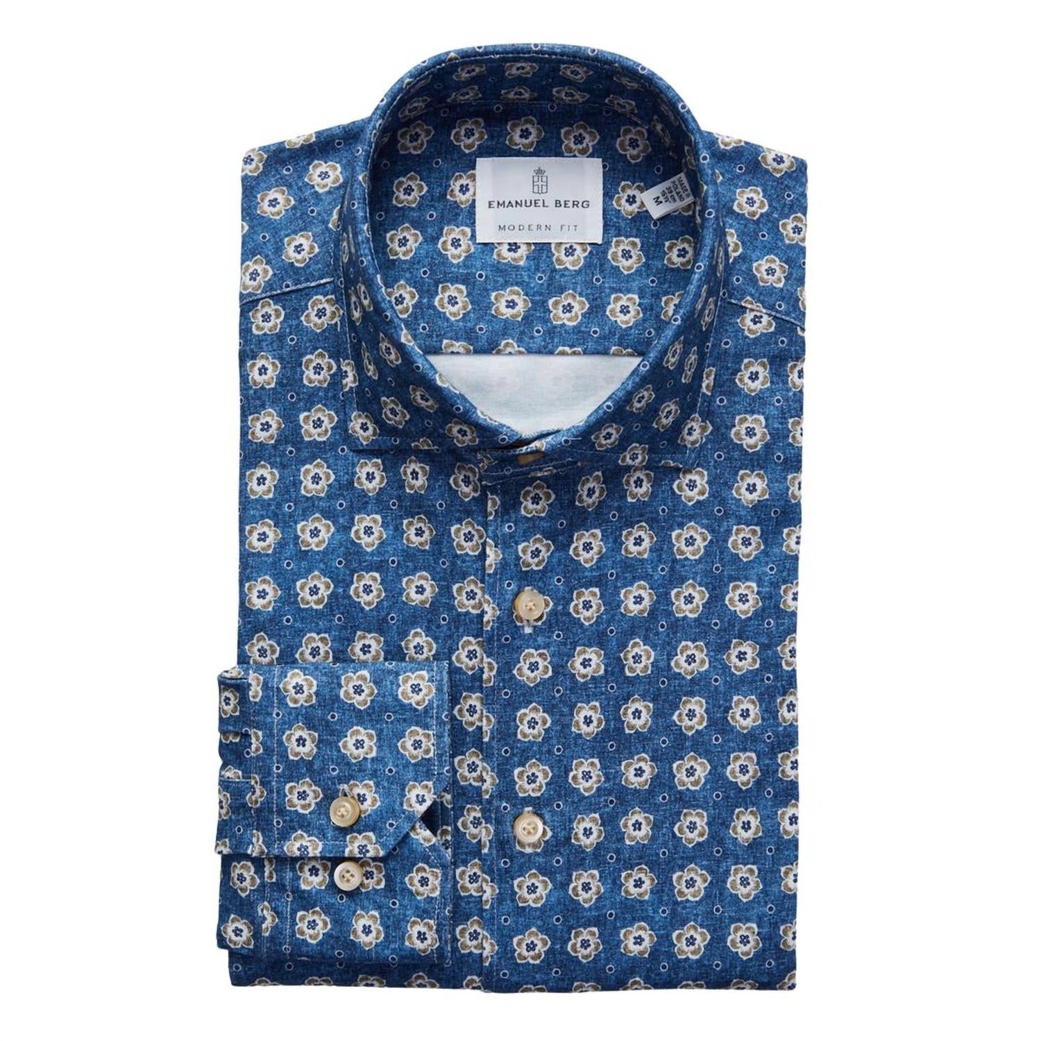 Emanuel Berg Byron Flower Print Flex Knit Shirt in bright blue and beige - men's shirt - alternate view