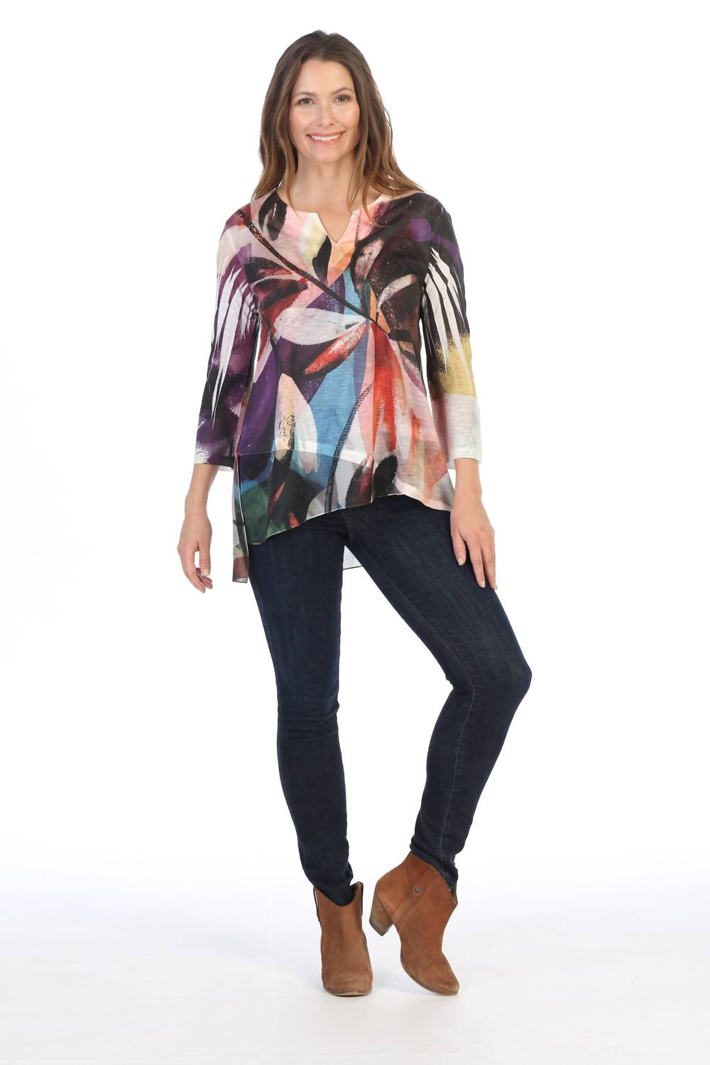 Jess & Jane Wind Ballad Slit V-neck Chiffon Contrast Top in multicolor abstract print - women's blouse - alternate view