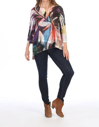 Jess & Jane Wind Ballad Slit V-neck Chiffon Contrast Top in multicolor abstract print - women's blouse - detail view