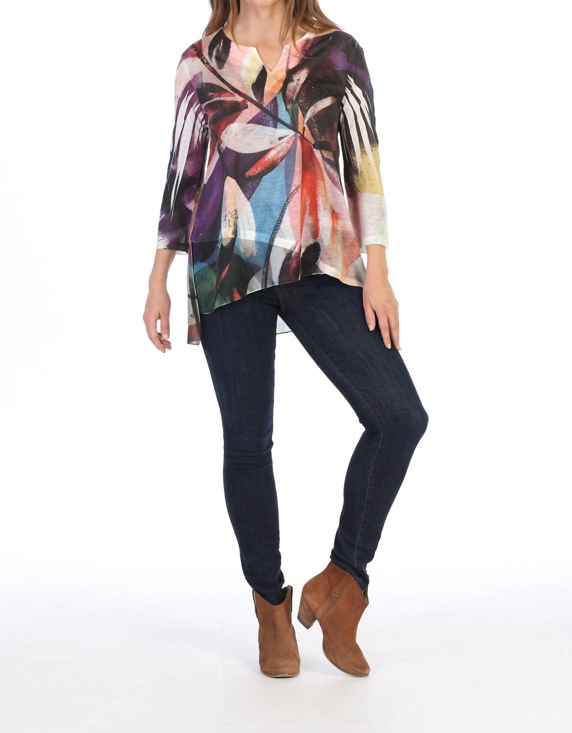 Jess & Jane Wind Ballad Slit V-neck Chiffon Contrast Top in multicolor abstract print - women's blouse - detail view