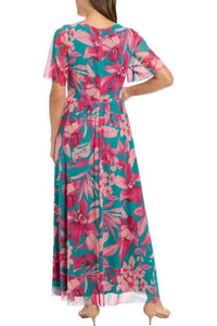 London Times - Botanical Smocked Waist A-line Trimmed Hem Maxi Dress