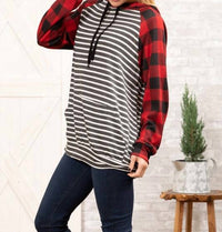 Grateful Hearts - Buffalo Plaid With Charcoal Stripe Hoodie Top