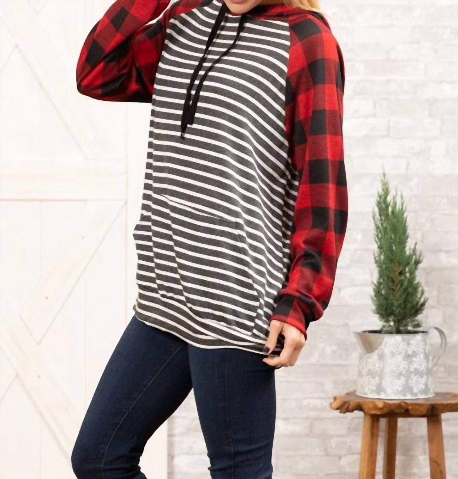 Grateful Hearts - Buffalo Plaid With Charcoal Stripe Hoodie Top