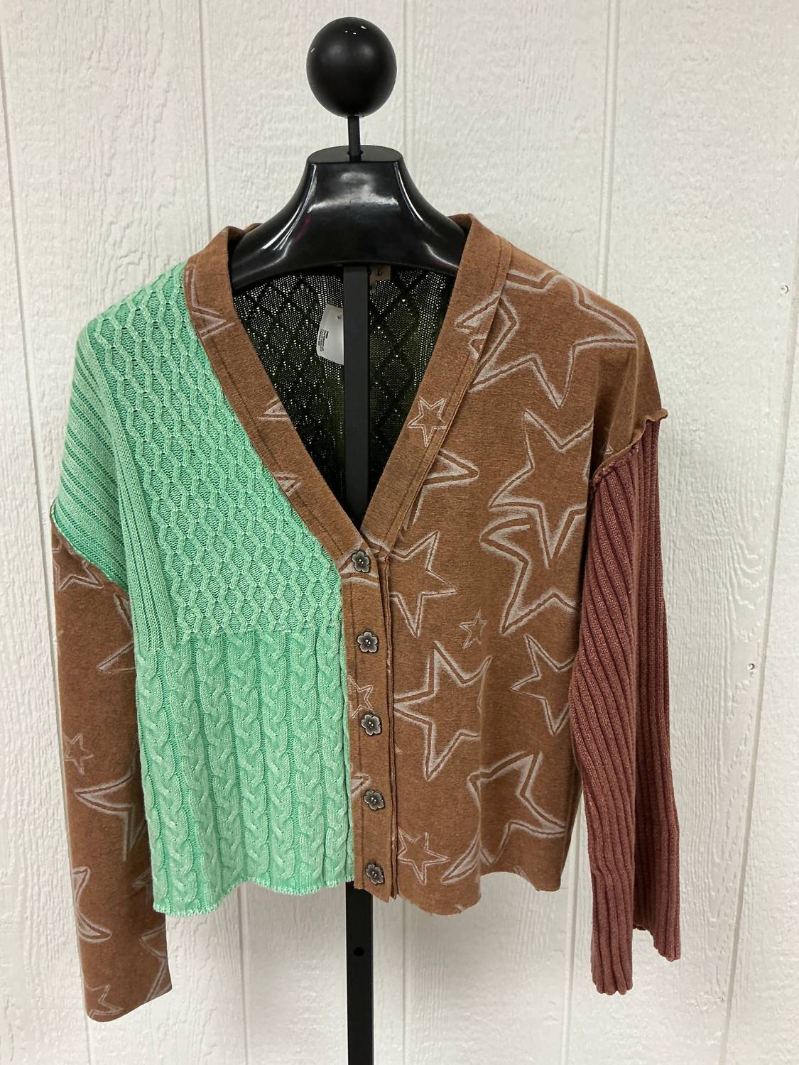 POL Women's Star Pattern Franch Terry Sweater in caramel multi - women's cardigan