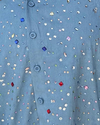 QUEEN OF SPARKLES Rhinestone Button Up Collar Top in chambray multi - women's shirt - alternate view