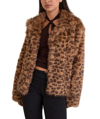 Motel Rocks Joji Faux Fur Jacket in brown leopard - women's jacket - detail view