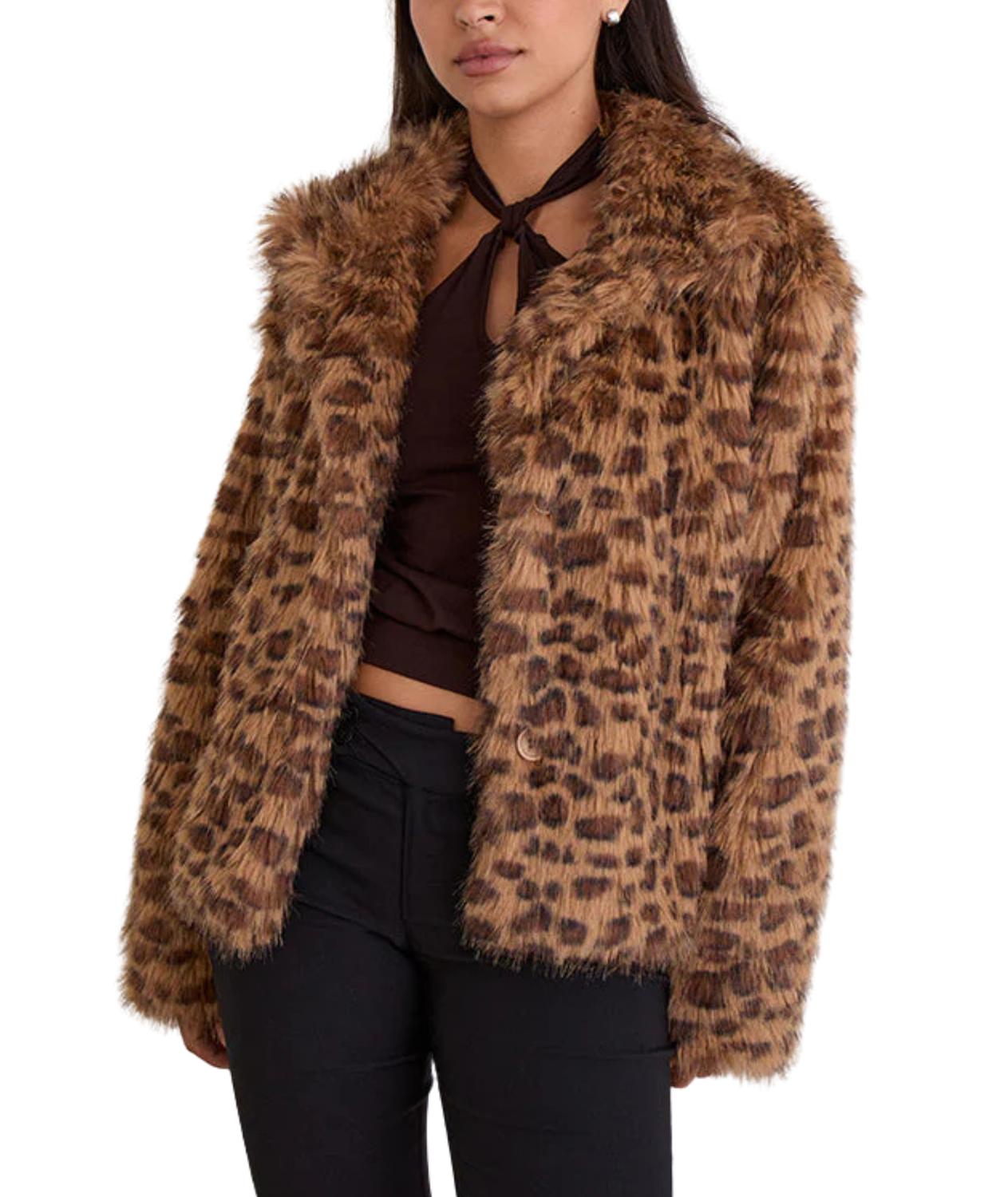 Motel Rocks Joji Faux Fur Jacket in brown leopard - women's jacket - detail view