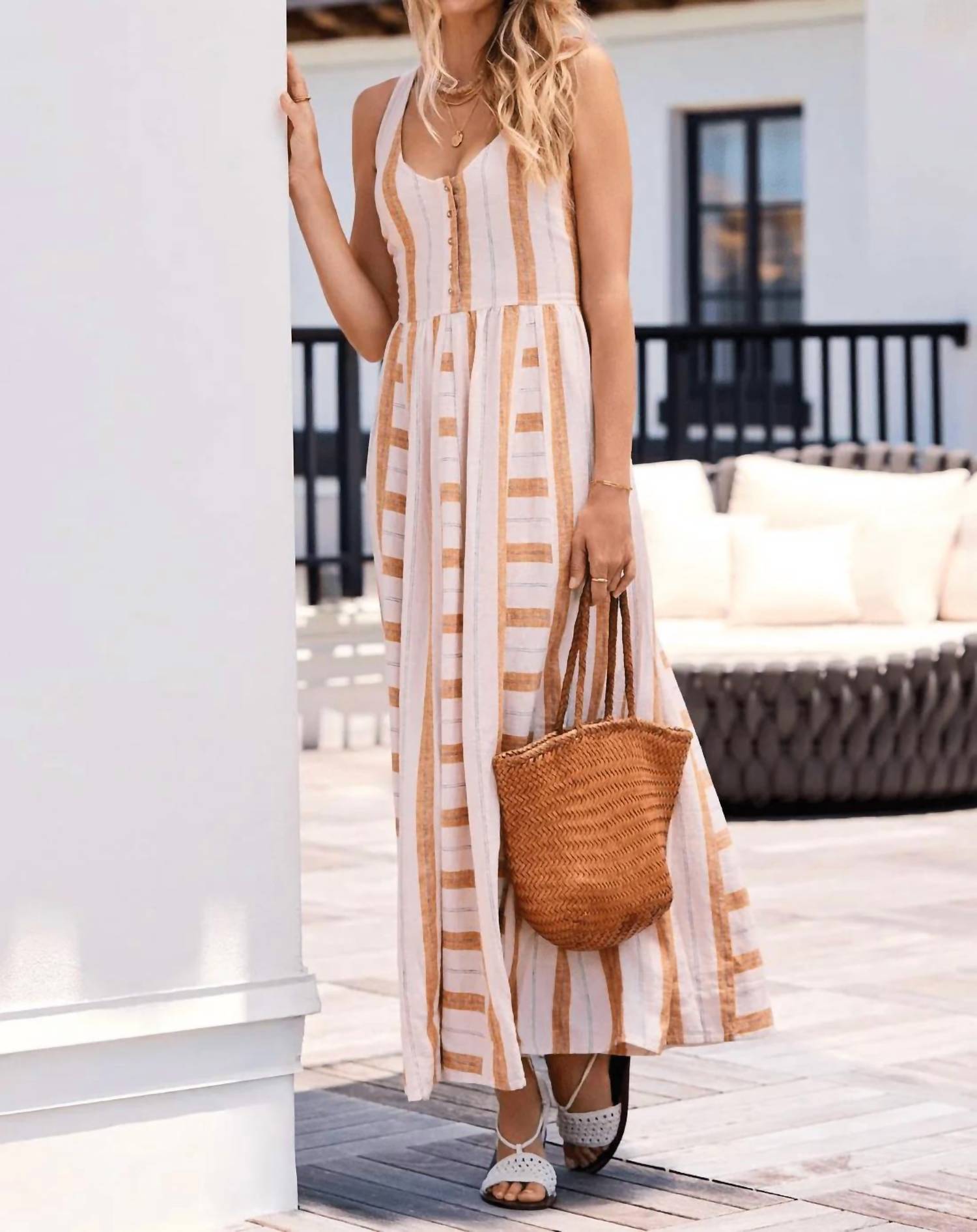Tribal - Contrast Inserts Adjustable Waist Sash Midi Dress