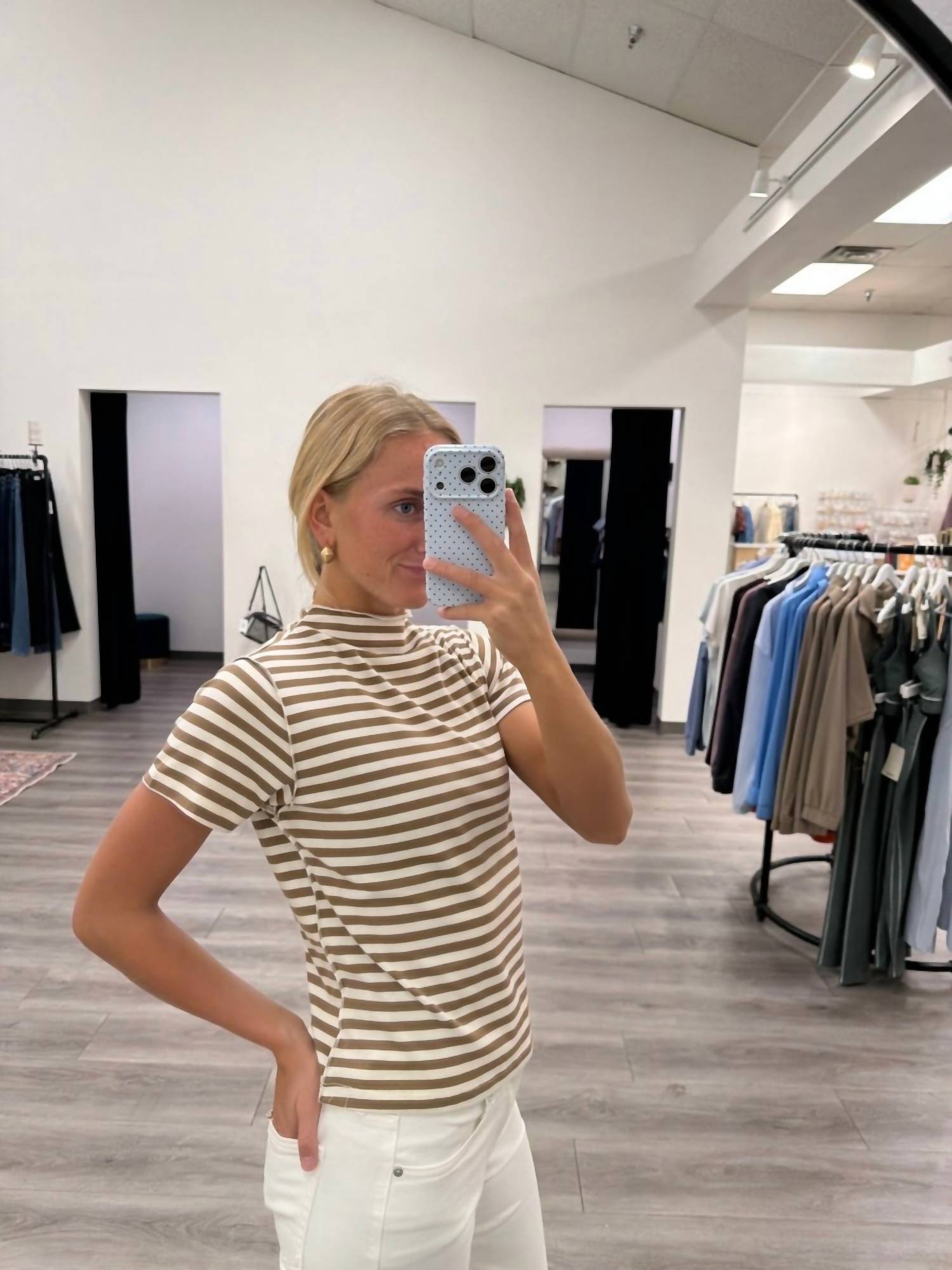 WISHLIST Striped Mock Neck Knit Top in chocolate - women's t-shirt - detail view