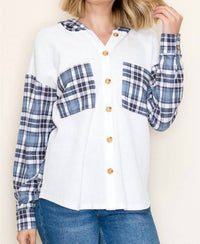 Staccato - Waffle Knit Plaid Contrasted Button Up Hooded Top
