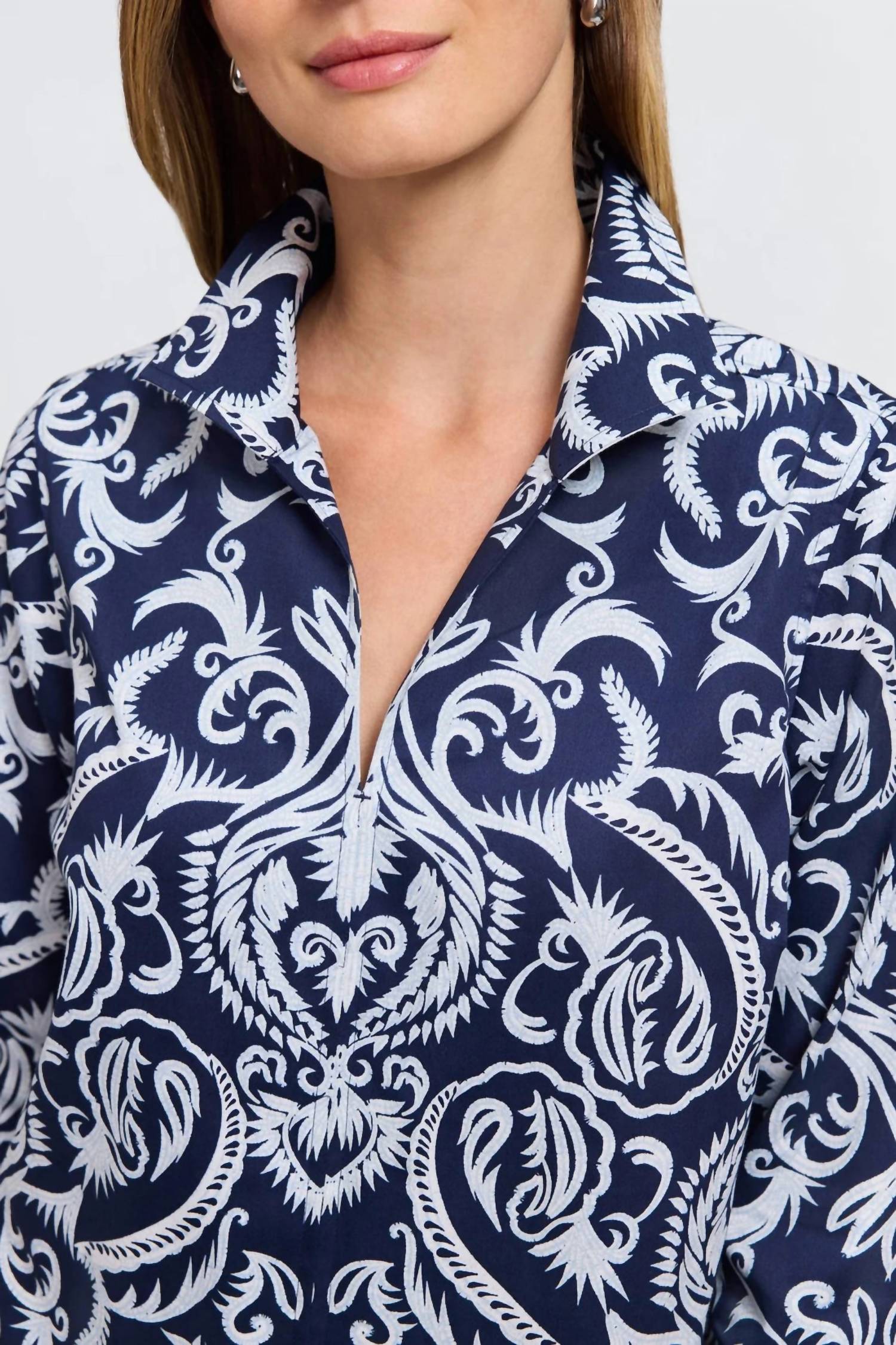 Foxcroft Agnes Printed Damask Long Sleeve Shirt in blue - women's shirt - view 5