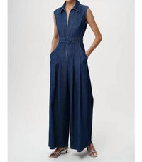 Exquise - Keith Sleeveless Front Zipper Belted Denim Jumpsuit