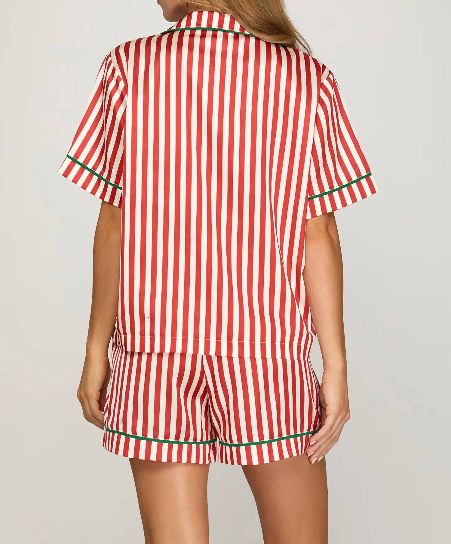 SHE + SKY Doc Striped Pajama Set in red - women's intimate - detail view