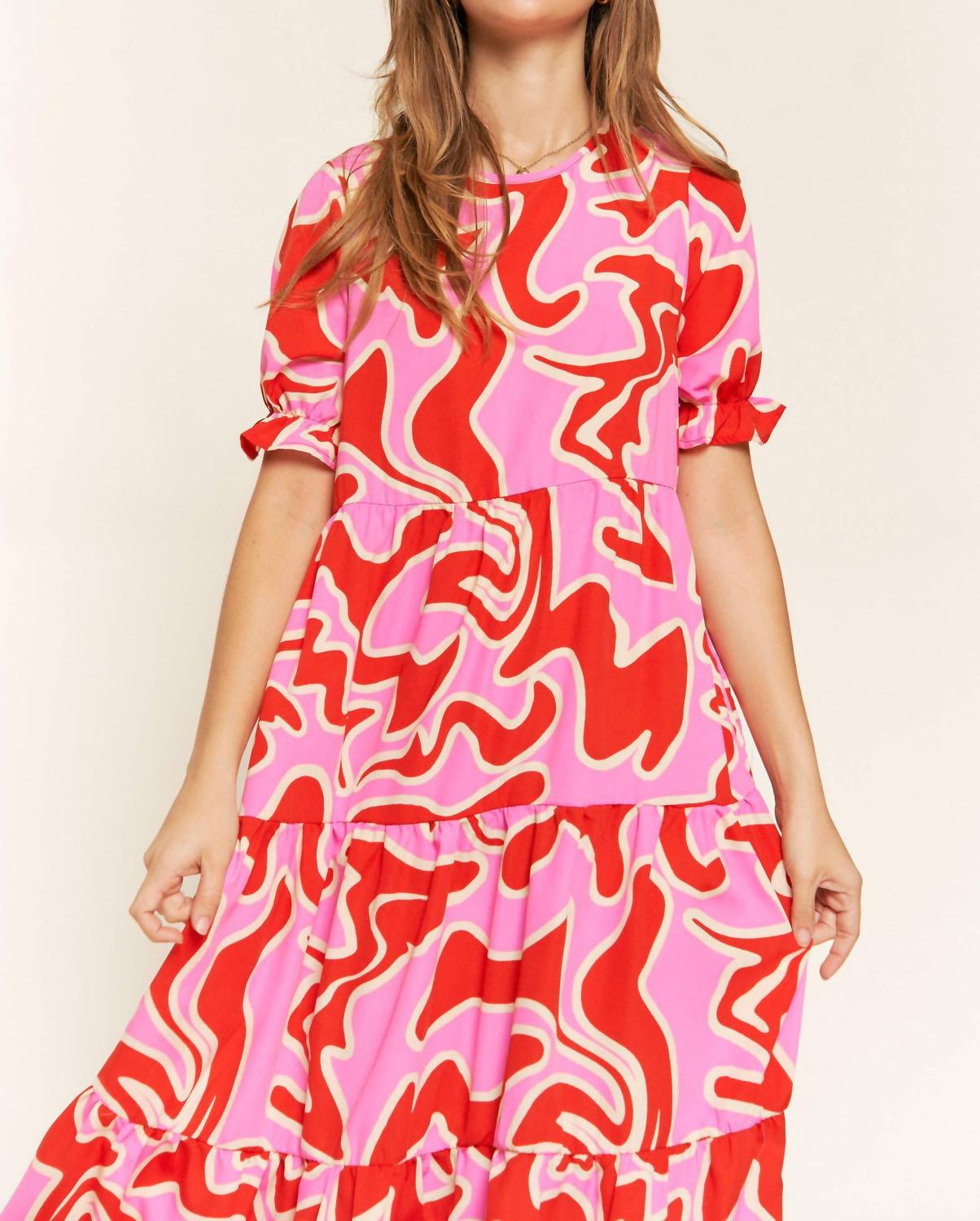 Jade By Jane - Beautiful Chaos Tiered Short Sleeve A-line Midi Dress