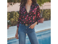 L'Agence Dani 3/4 Sleeve Silk Blouse in black pink rosa chinensis - women's blouse - view 5