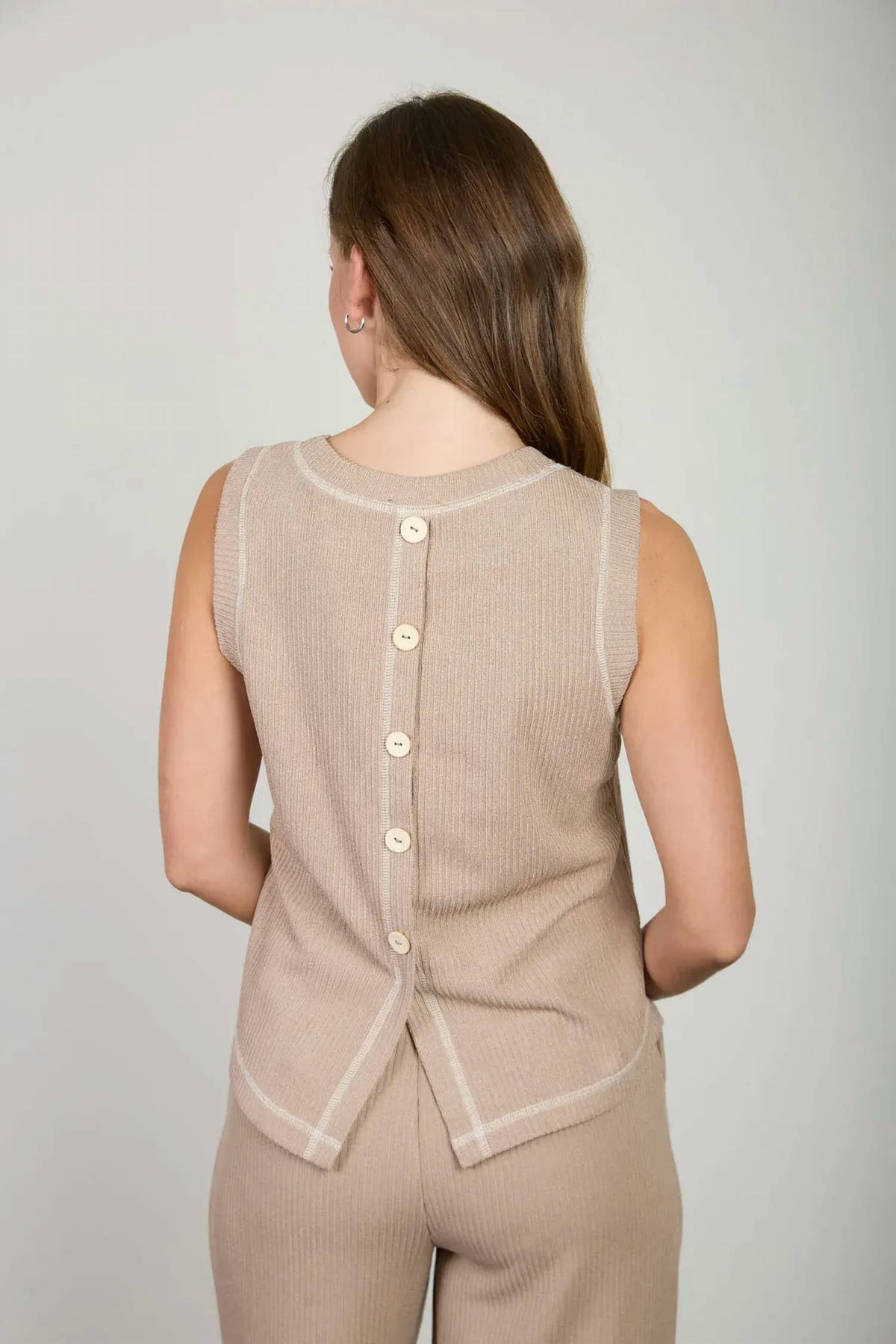 Blu Pepper - Back Button Detail Sleeveless Ribbed Top And Drawstring Lounge Set