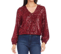 Karen Kane Blouson Sleeve Sequin V-Neck Top in ruby - women's blouse