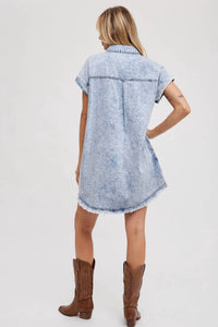 Bluivy - Frayed Hem Denim Shirt Dress