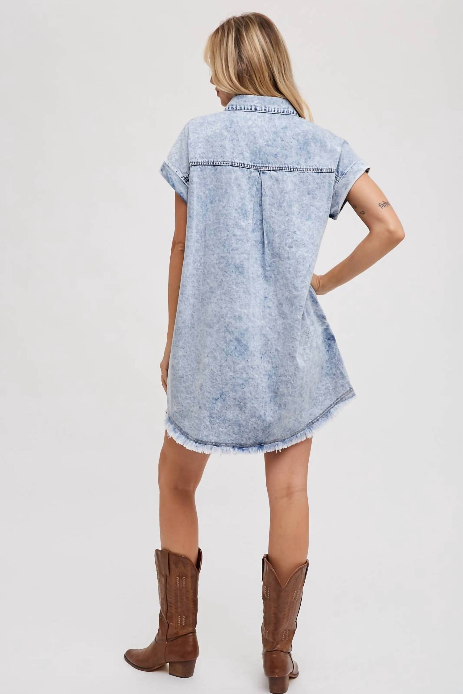 Bluivy - Frayed Hem Denim Shirt Dress